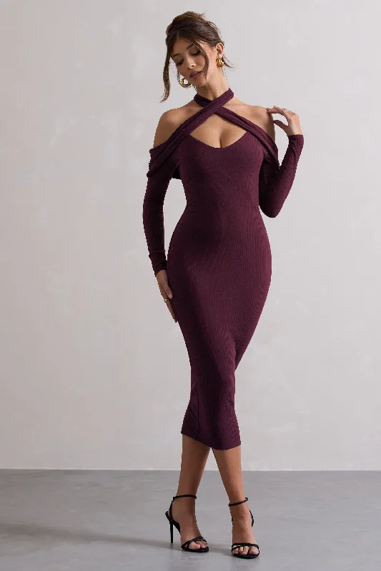 Online Only Duet | Plum Rib Knit Halter-Neck Midi Dress With Cut-Out