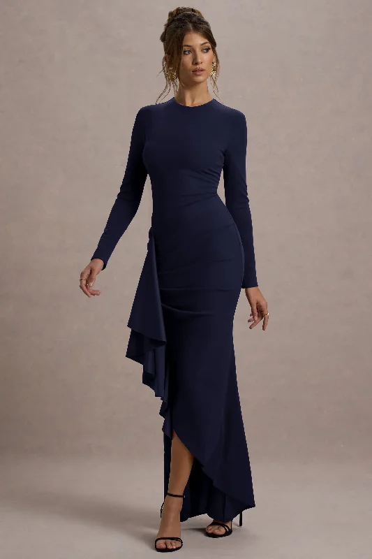 Can't Miss Alayna | Navy Long-Sleeve Maxi Dress With Ruffled Split
