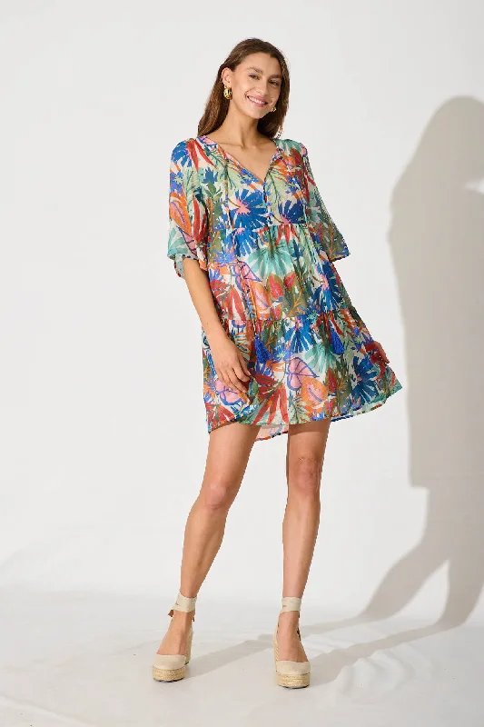 Deep Discounts Melodic Smock Dress In Multi Leaf Cotton Blend