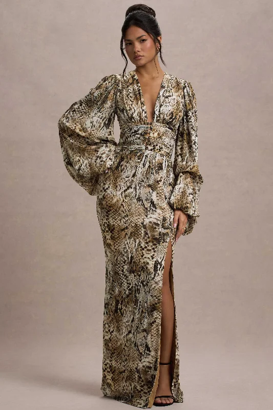 Value Deals Casarile | Snake Print V-Neck Balloon Sleeve Maxi Dress