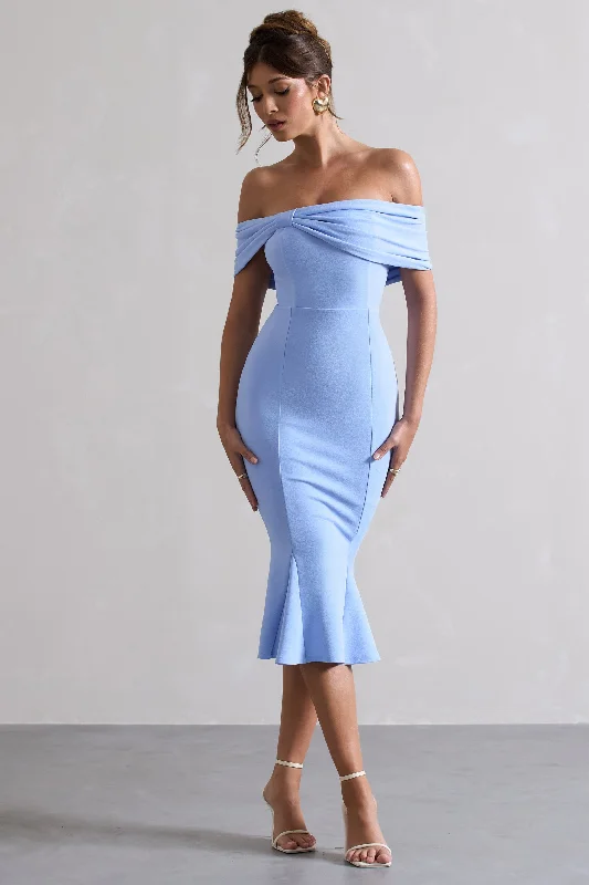 Price Drop Lydia | Sky Blue Bardot Bow Detail Midi Dress