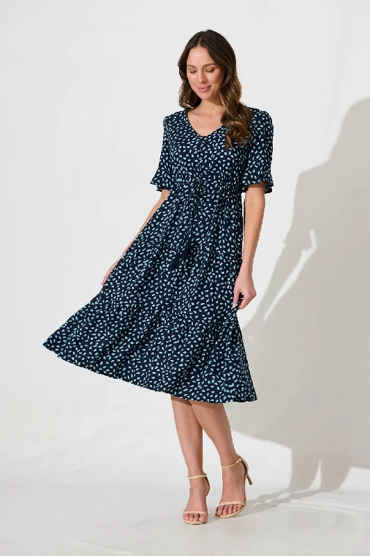 Inventory Reduction Raphaelle Midi Dress in Navy with Blue Speckle