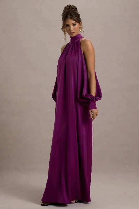Special Price Baila | Mulberry Satin High-Neck Cape-Sleeve Maxi Dress
