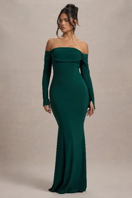 Friends and Family Sale Amaia | Bottle Green Bardot Long-Sleeve Maxi Dress