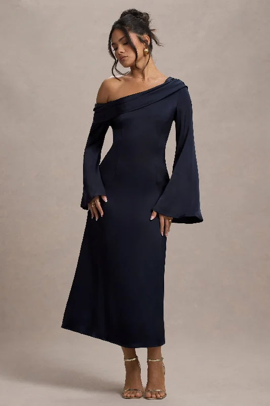 Quick Sale Astral | Navy Satin Asymmetric Flared-Sleeve Midi Dress
