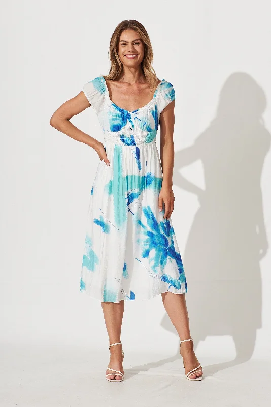 Members Only Lydia Midi Dress In White With Blue Brush Stroke Print