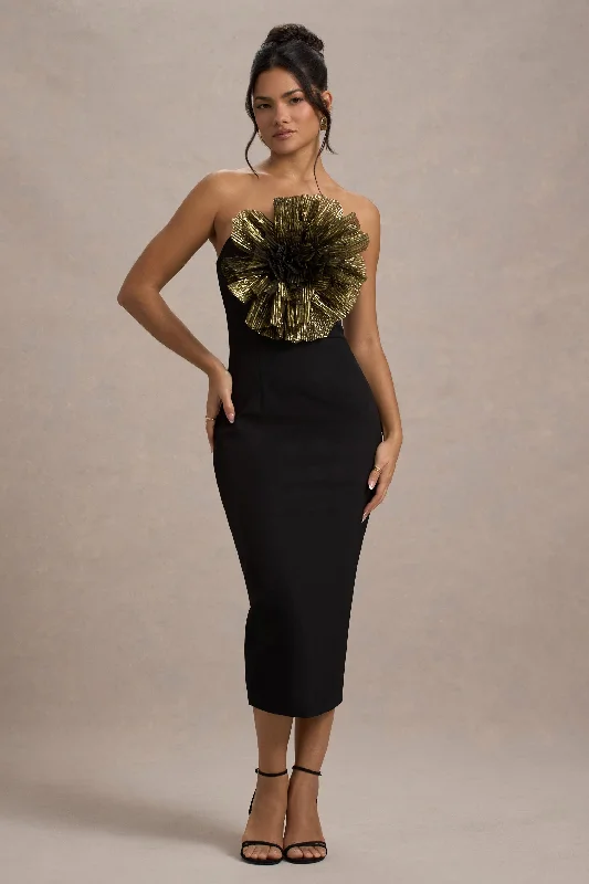 Must-Have Deals Moya | Black & Gold Bodycon Midi Dress With Corsage Detail