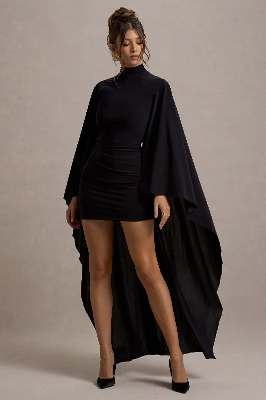 Early Access Damia | Black High-Neck Mini Dress With Asymmetric Cape