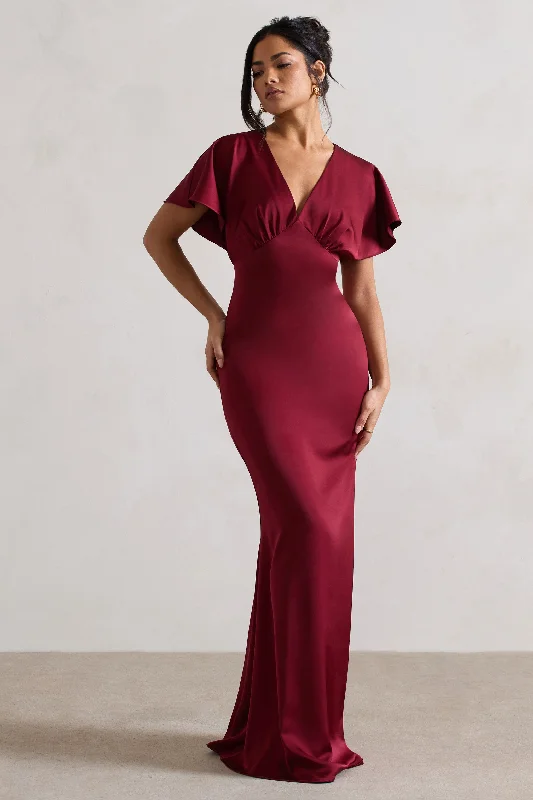 Price Meltdown Marisa | Berry Satin V-Neck Flutter-Sleeve Maxi Dress