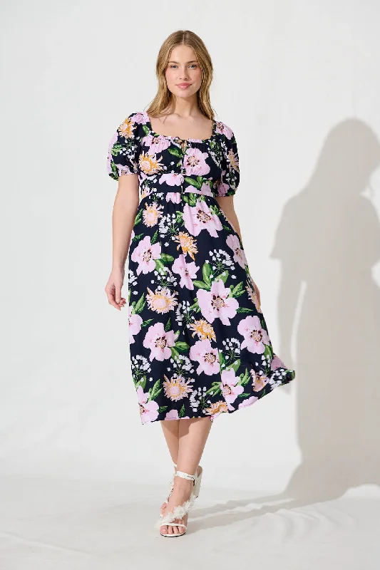 Epic Deals Lennon Midi Dress In Navy With Lilac Floral