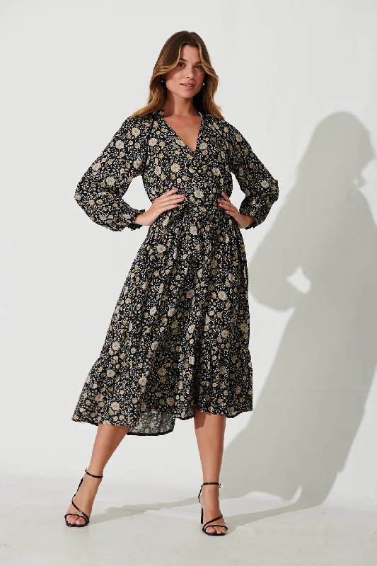 Super Deal Frangipane Midi Dress In Black With Cream Floral