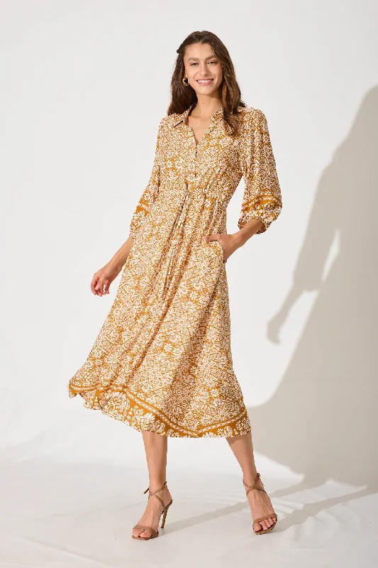 Now or Never Heatherfield Midi Shirt Dress In Mustard Floral Tile Print