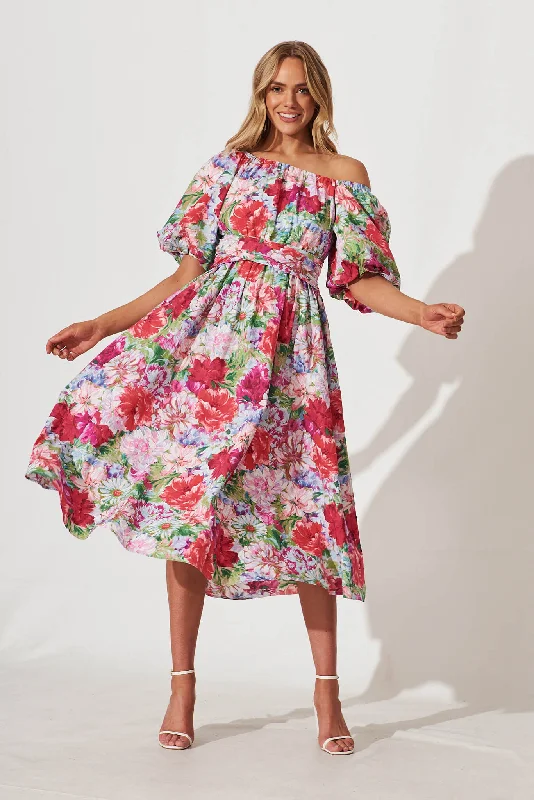 Doorbuster Deal Jamilia Midi Dress In Magenta Multi Floral Cotton