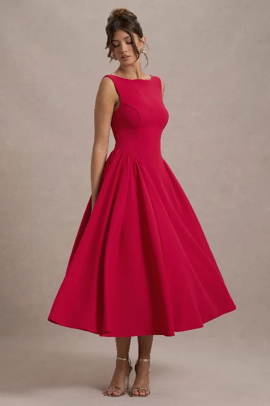 Buy Now Muriel | Red Boat-Neck Volume-Hem Midi Dress