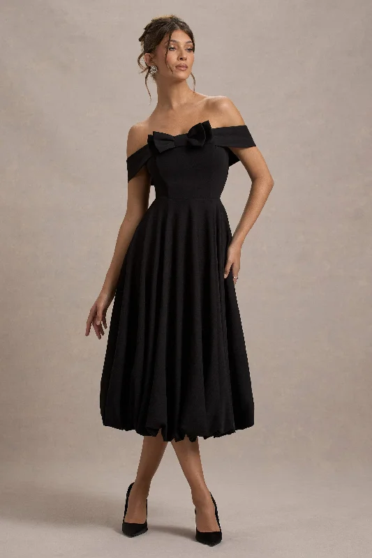Deal Alert Calliopia | Black Bow Bardot Midi Dress With Puff-Ball Skirt