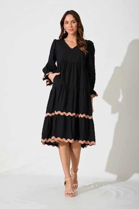 Midnight Madness Ramona Midi Smock Dress In Black Cotton With Ric Rac Trim