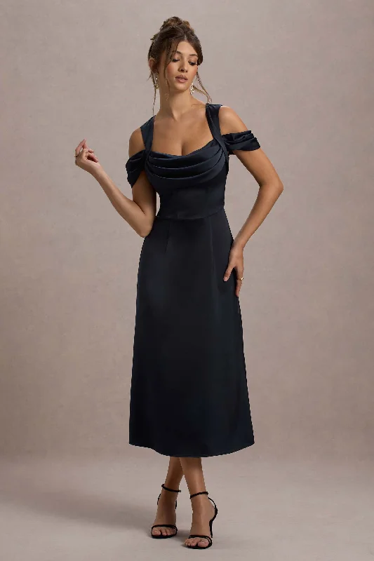 Buy More, Save More Sawyer | Navy Satin Draped Midi Dress