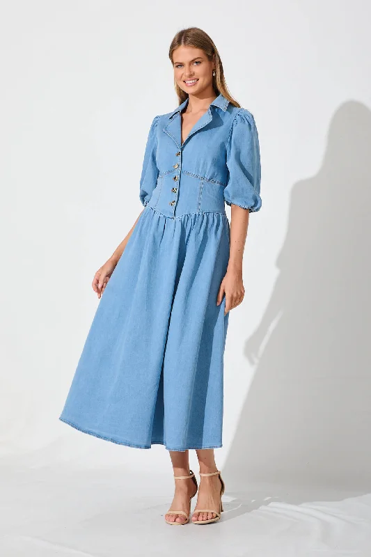 Great Bargains Roselyn Maxi Dress In Light Blue Denim