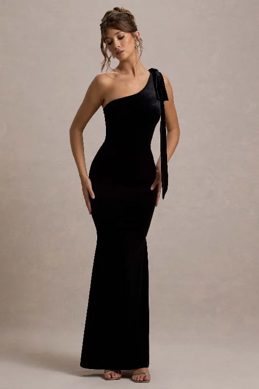 Overstock Jillian | Black Velvet Asymmetric Maxi Dress With Bow Strap