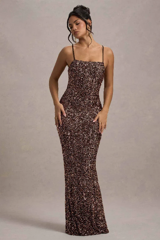 Deal Dash Cosmic | Bronze Sequin Square-Neck Strappy Maxi Dress