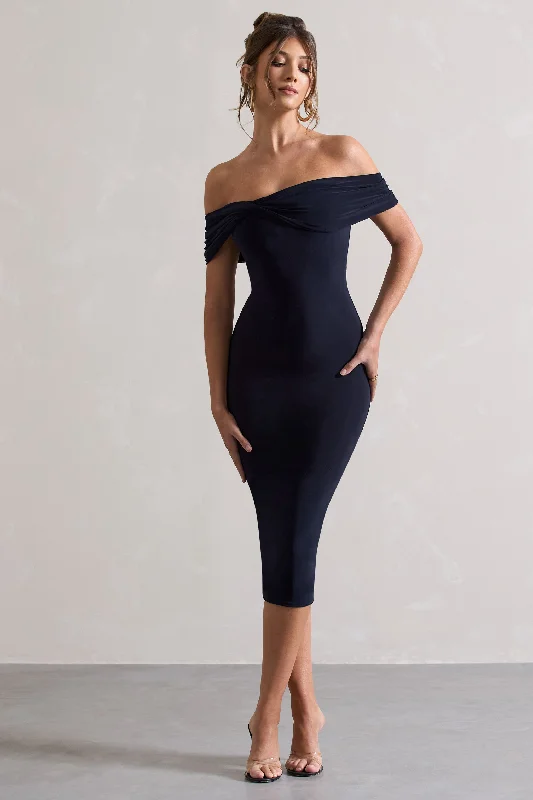 Limited Time Keely | Navy Bodycon Twisted Bardot Midi Dress