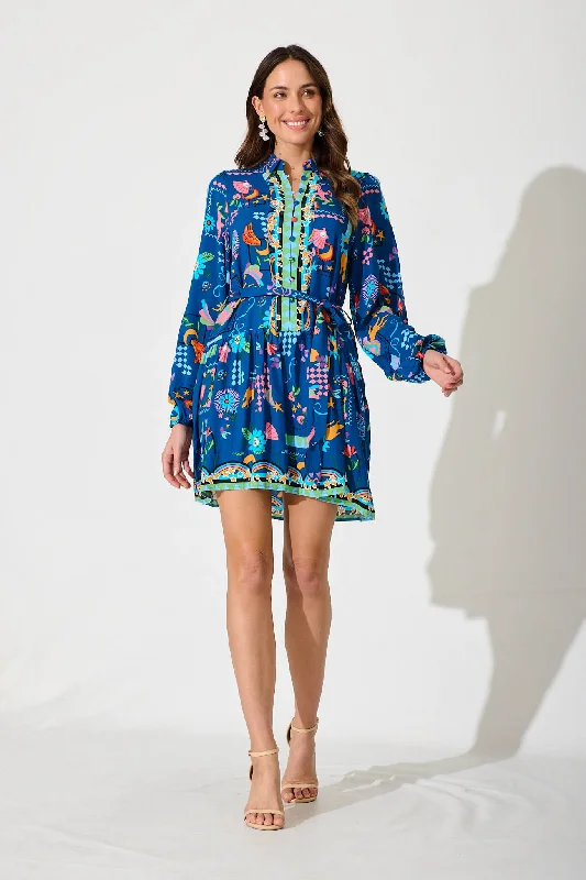 Hurry In Oaklynn Dress In Blue With Multi Print