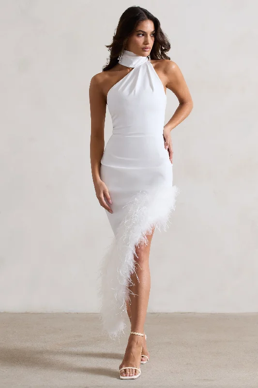 Don't Wait Brilliance | White Asymmetric Maxi Dress With Feather Trim