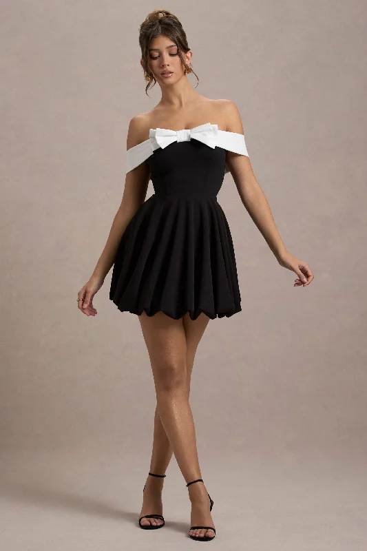 Bargain Blast Minimoiselle | Black & White Bow Bardot Mini Dress With Puff-Ball Skirt