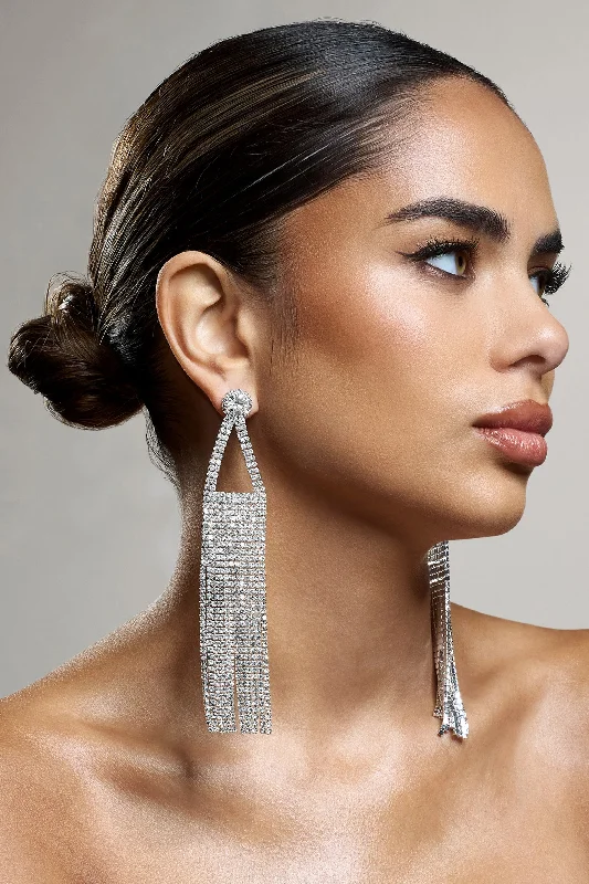 Super Deal Balance | Silver Diamante Statement Tassel Earrings