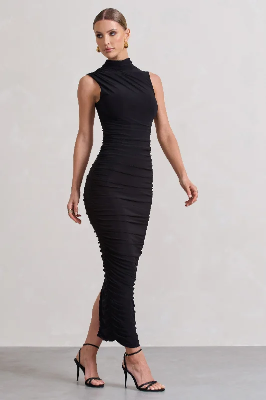 Closeout Jaded | Black Bodycon Ruched High-Neck Open-Back Maxi Dress