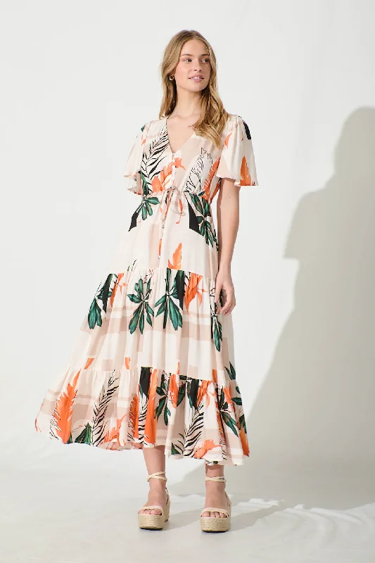 Price Rollback Elina Midi Dress in Cream with Green and Orange Leaf