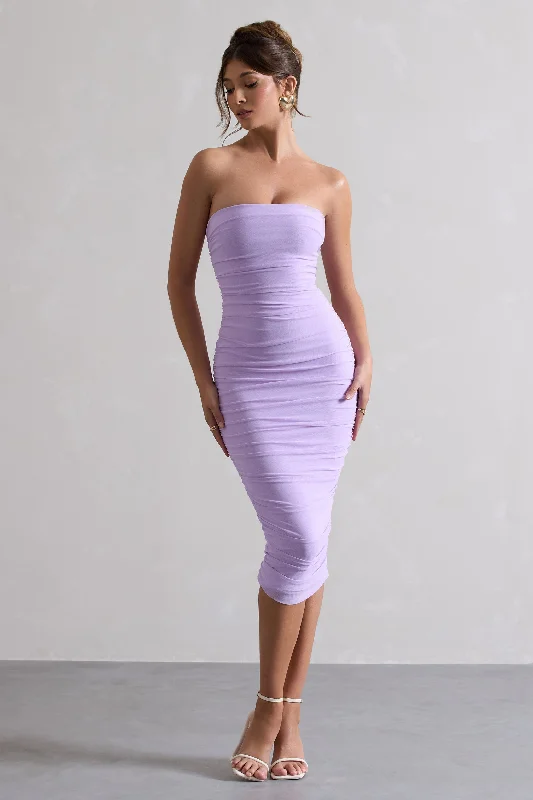 Final Markdown My Girl | Lilac Strapless Bodycon Ruched Mesh Midi Dress