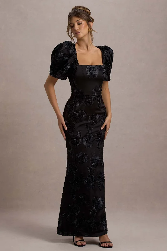Hot Deal Marilla | Black Mesh Floral Square-Neck Puff-Sleeve Maxi Dress