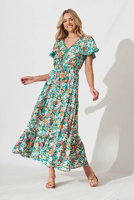 Weekend Deal Daryl Maxi Dress In Green With Peach Floral