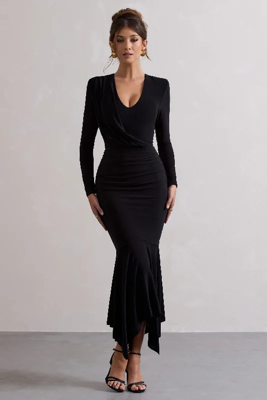 Now or Never Milena | Black Plunge-Neck Maxi Dress With Draped Hem