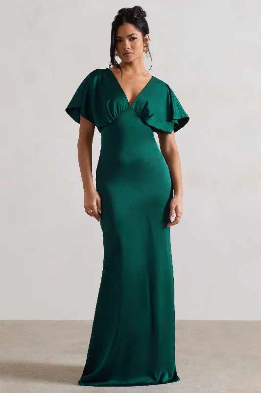 Super Sale Marisa | Dark Green Satin V-Neck Flutter-Sleeve Maxi Dress