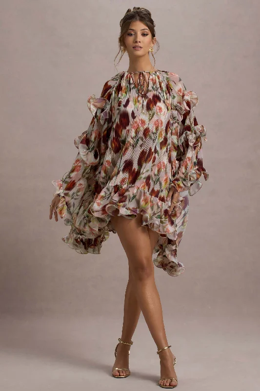 YEAR-End Sale Abelia | Cream Floral Print High-Neck Cape-Sleeve Chiffon Mini Dress