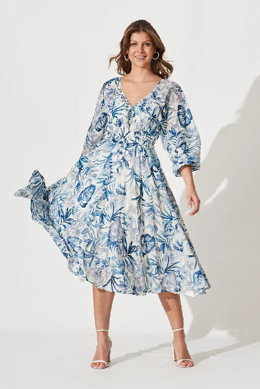 Price Smash Darling Point Dress In White With Blue Floral Print Cotton