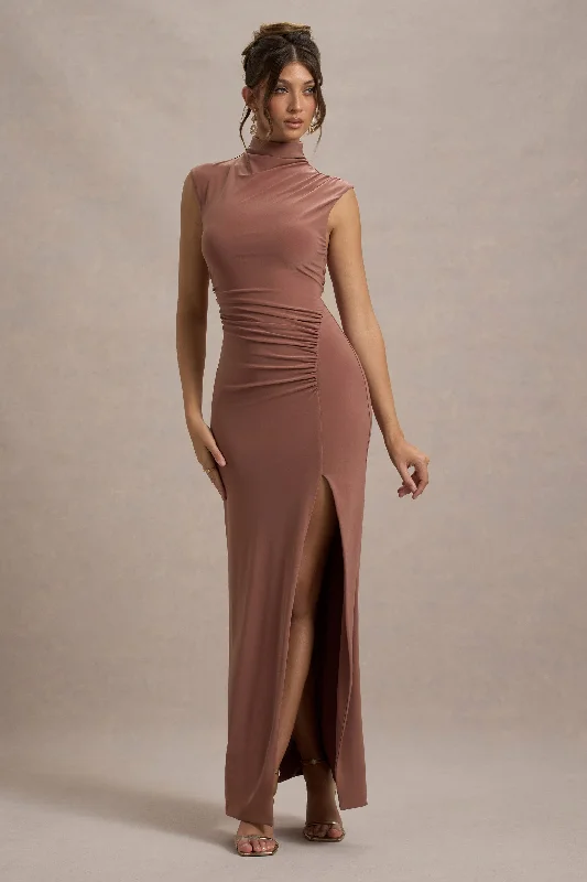 TIME-Limited Offer Lanetta | Chestnut Brown Ruched High-Neck Maxi Dress With Split