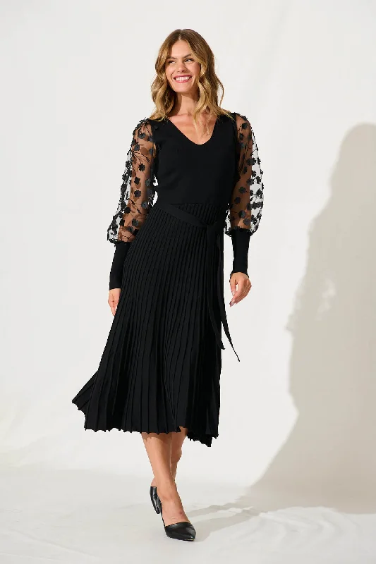 Price Reduction Enchanted Midi Knit Dress In Black With Mesh Flower Detail