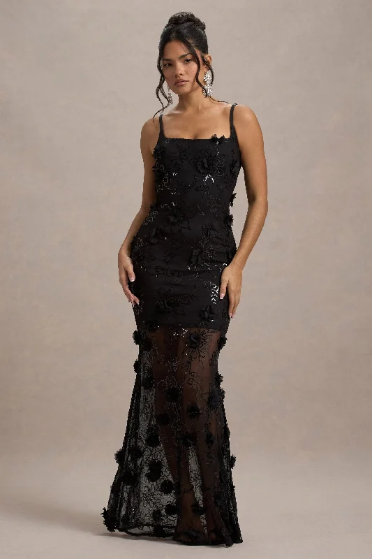 Discount Deals All Of Me | Black Sequin Sheer Maxi Dress With Flowers