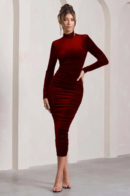 Stock Clearance Joanna | Berry Velvet High-Neck Backless Midi Dress