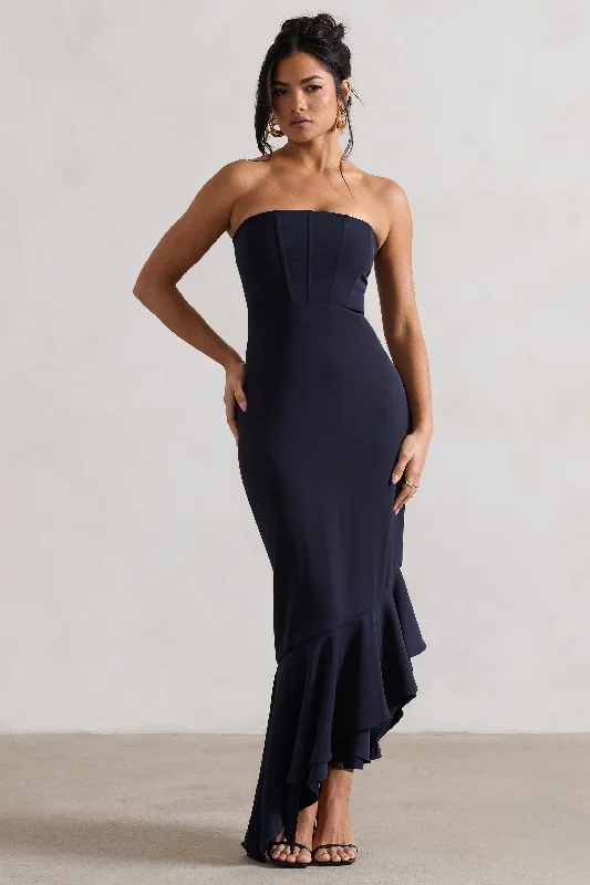 Can't Miss Sandy | Navy Strapless Corset Asymmetric Maxi Dress