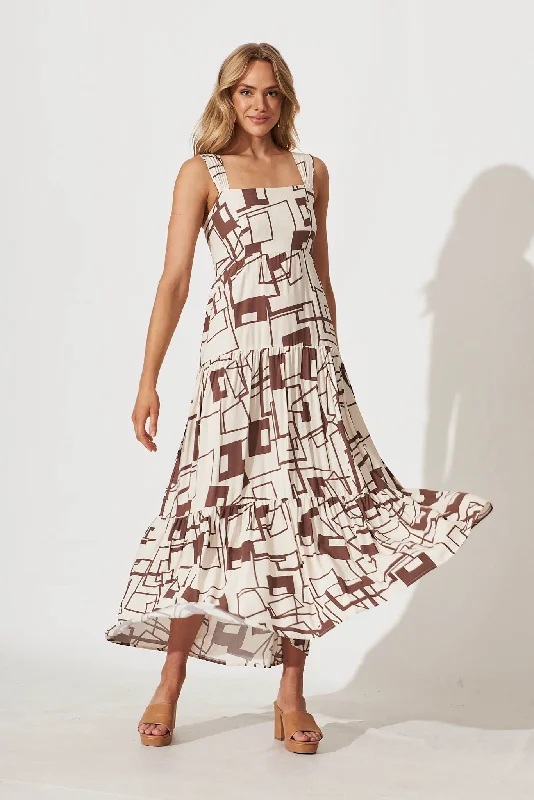 Limited Edition Izabel Maxi Sun Dress In White With Chocolate Geometric