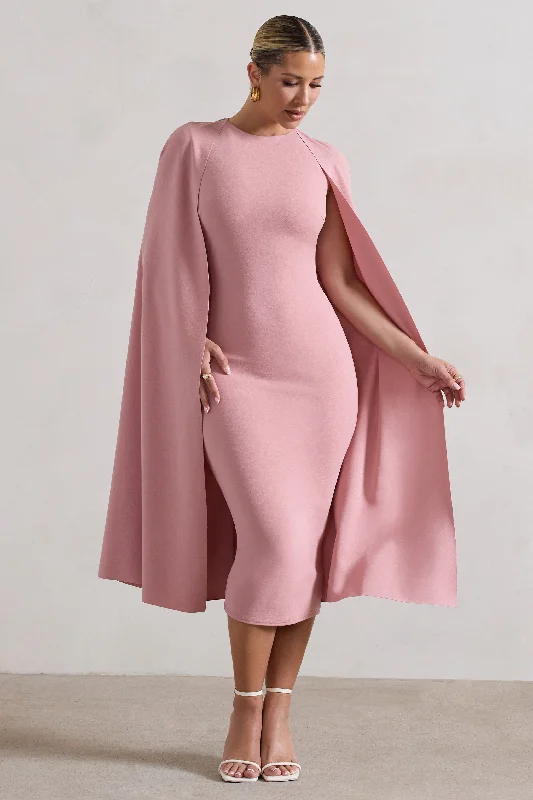 Special Buy Rafaela | Blush Pink Bodycon Midi Dress With Cape Sleeves