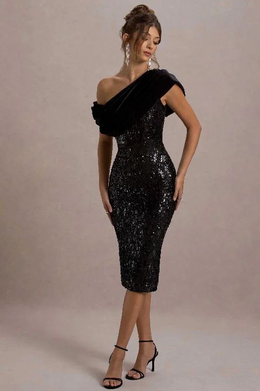 Huge Discounts Volute | Black Sequin One-Shoulder Draped Midi Dress