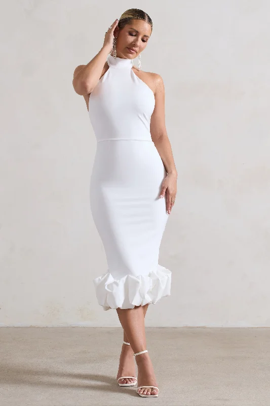 Savings Event Ashton | White High-Neck Midi Dress With Ruffle Hem