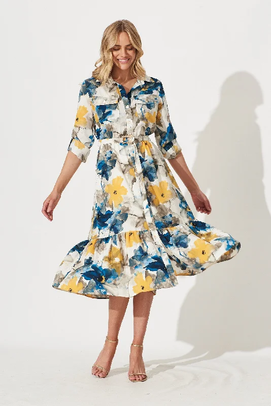 Bonus Savings Divinity Midi Shirt Dress In Navy With Yellow Watercolour Print