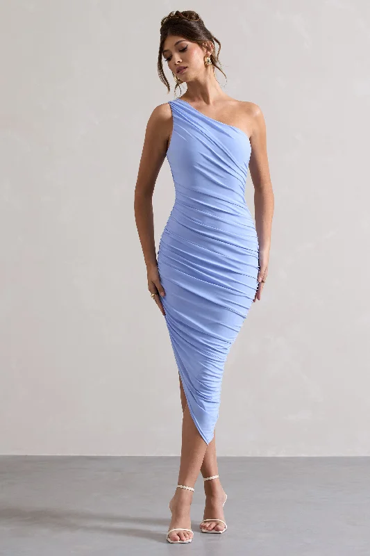 Limited Time Discount Dorit | Sky Blue One Shoulder Asymmetric Ruched Midi Dress