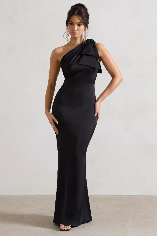 Incredible Offers Lady | Black Satin One Shoulder Maxi Dress With Bow